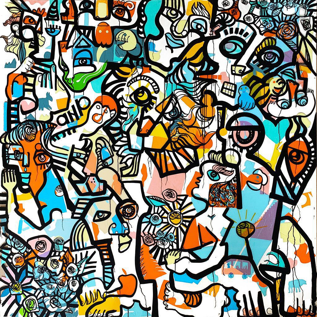 une fresque carrée de 2000x2000mm réalisée en adhésifs colorés cernés de noir