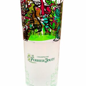 tube cylindrique avec partie haute fresque oeuvre commune en couleurs et base blanche personnalisée avec logo de la marque de Champagne Perriet Jouet vert