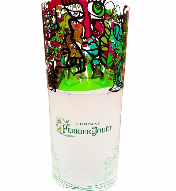 tube cylindrique avec partie haute fresque oeuvre commune en couleurs et base blanche personnalisée avec logo de la marque de Champagne Perriet Jouet vert