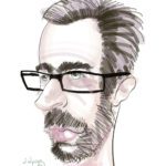 Caricature digitale d'un homme avec des lunette et une barbe brune et cheveux foncé sur fond blanc