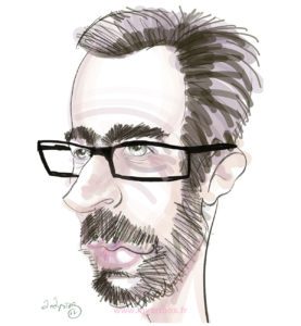 Caricature digitale d'un homme avec des lunette et une barbe brune et cheveux foncé sur fond blanc