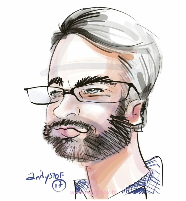 Photo d'une caricature digitale d'un homme à lunette avec bareb de 3 jours faite en couleur sur iPad Pro par le caricaturiste digital Christophe Chazot pour my art box en animation close up
