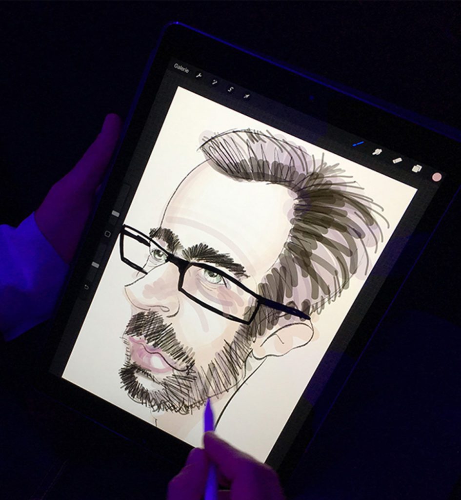 Caricature digitale d'un homme avec barbe et lunette réalisée sur iPad Pro Apple par le caricaturiste Christophe Chazot pour MYARTBOX