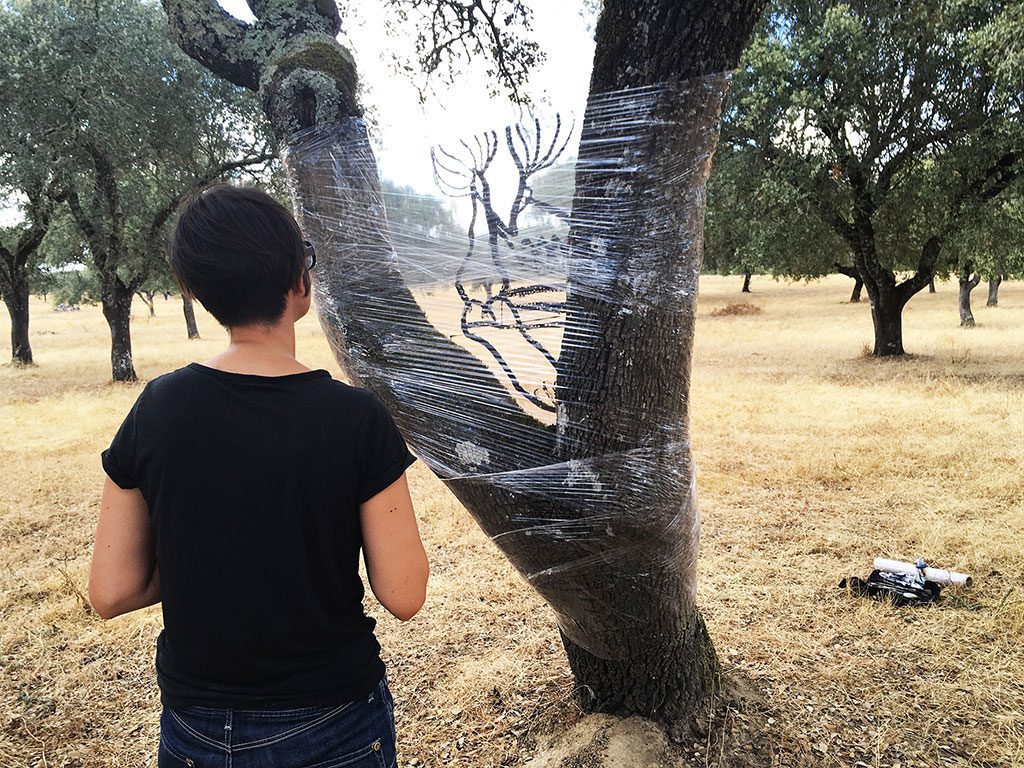 L'artiste de animation Land Art aNa Fernandes sur le terrain dans une paysage de la région de l'Alenteijo Au center du Portugal en train de peindre son support transparent tendu