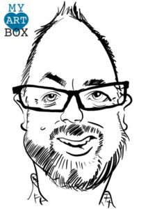 Caricature d'après photo d'un homme avec un grand front, des lunettes et une barbe brune