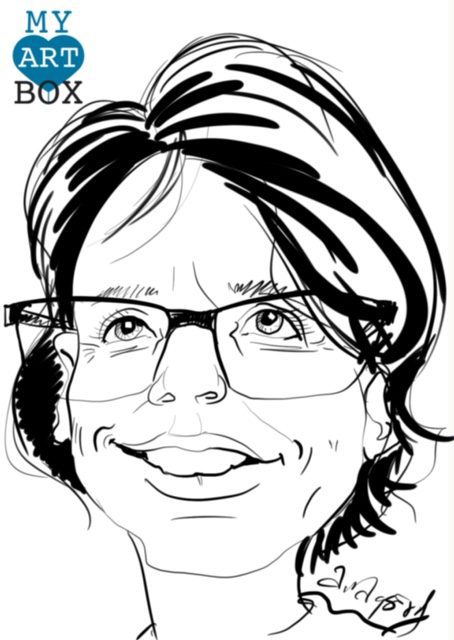 Caricature d'après photo noir et blanc d'une femme brune avec lunettes