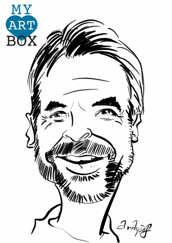 Caricature d'après photo d'un homme avec barbe brune et arborant un très grand sourire