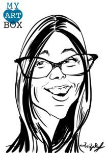 Caricature d'après photo noir et blanc d'une jeune femme brune avec lunettes