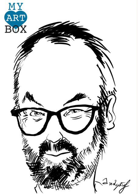 Caricature d'après photo d'un homme avec large barbe brune et lunettes sur le nez