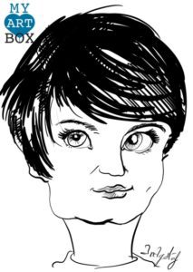 Caricature d'après photo noir et blanc d'une femme brune aux cheveux courts