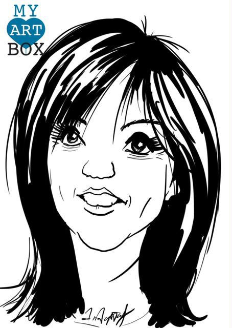 Caricature d'après photo noir et blanc d'une femme brune avec une coupe de cheveux dégradée