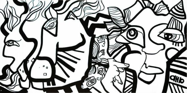 Dessin noir et blanc de l'artiste aNa modèle originale de la ville de Lyon pour Animation Fresque Totem Box My Art Box