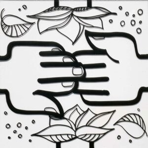 Fresque Intergénérationnelle : image noir et blanc d'un dessin sur plexi représentant deux mains jointes symbole de cohésion d'équipe pour animation télétravail