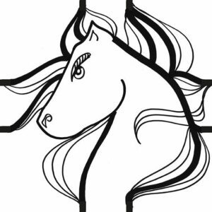 gros plan sur une tête de cheval dessinée par l'artiste aNa à la ligne noire pour création d'un sticker modèle cheval pour my art box