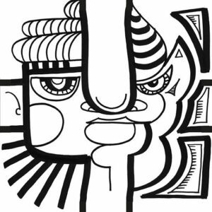 dessin noir et blanc d'un tête de diable créée par aNa artiste pour puzzle décoratif stickers my art box