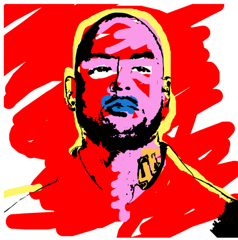 Portrait numérique du rappeur Booba sur fond rouge
