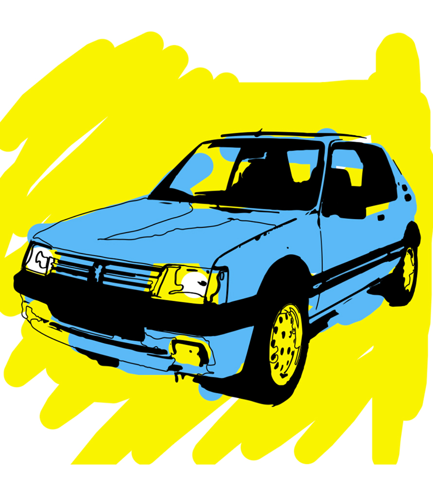 une Peugeot 205 gti 1.6 pop-art bleue sur fond jaune
