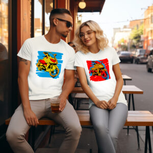 illustration de notre T-shirt T-Max 500 personnalisé avec #colorquiz par un couple portant un modèle rouge et un bleu