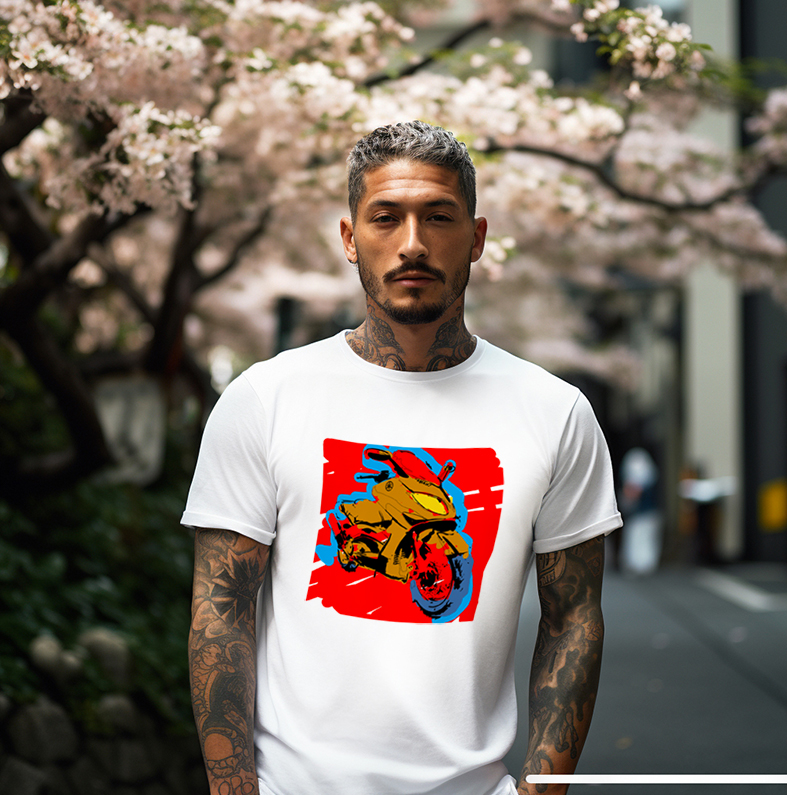 image d'un T-shirt T-max 500 personnalisé #colorquiz avec un dessin rouge sur un Japonais dans la rue devant un pommier en fleur au printemps