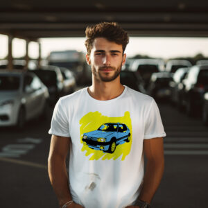T-shirt 205 gti personnalisé de la Peugeot la plus populaire des années 80 90 porté par un jeune mécanicien