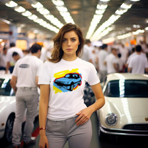 Un T-shirt 205 GTI #colorquiz d'une Peugeot mythique porté par une femme dans une atelier show-room