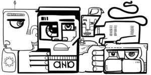 Le modèle de Fresque Animation Team Building Industriel Totem Box imaginée par aNa artiste pour un client à partir d'une image de machine