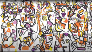 La fresque réalisée lors de l'Animation team building collaboratif à lyon autour d'une fresque plexiglass ana artiste est ensuite exposée dans les locaux
