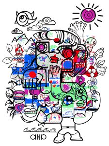 Un bel exemple de création par aNa artiste de fresque hybride réalisée à distance depuis les dessins des participants sur l'application diigtal mural développée par My Art Box