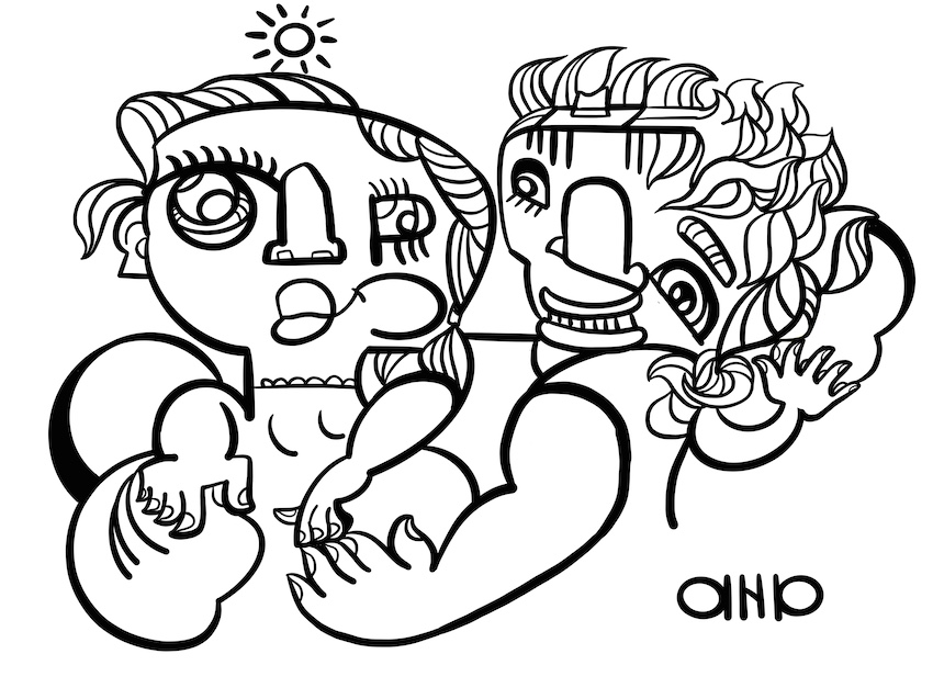 Le dessin noir et blanc de la fresque aNa en animation innovante collaborative