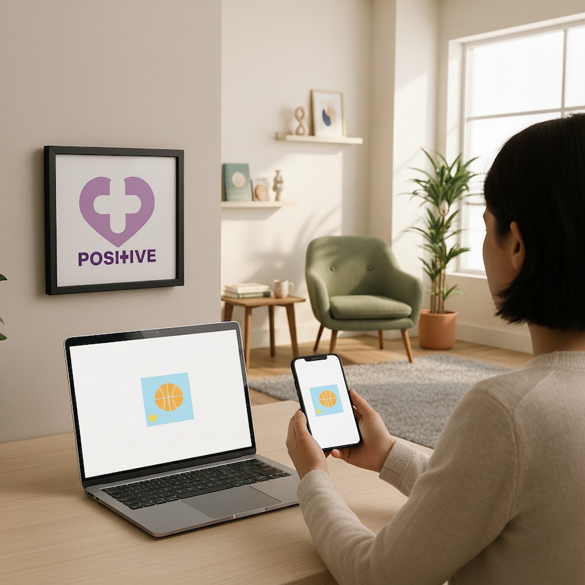 Un ballon de basket dessiné sur l'outil de médiation numérique en santé mentale Positive de My Art Box et reçu par un soignant dans un espace de partage sécurisé disponible sur tablette, smartphone et ordinateur.