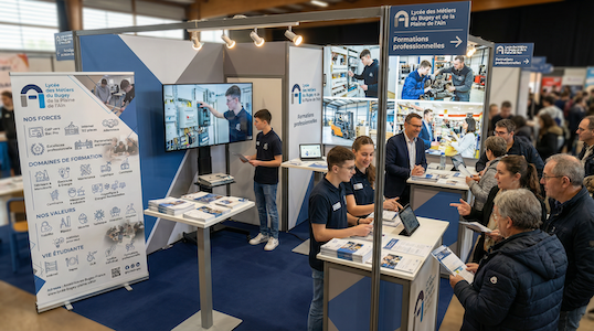 Stand virtuel IA du lycée salon étudiant pour révélation du logo du lycée
