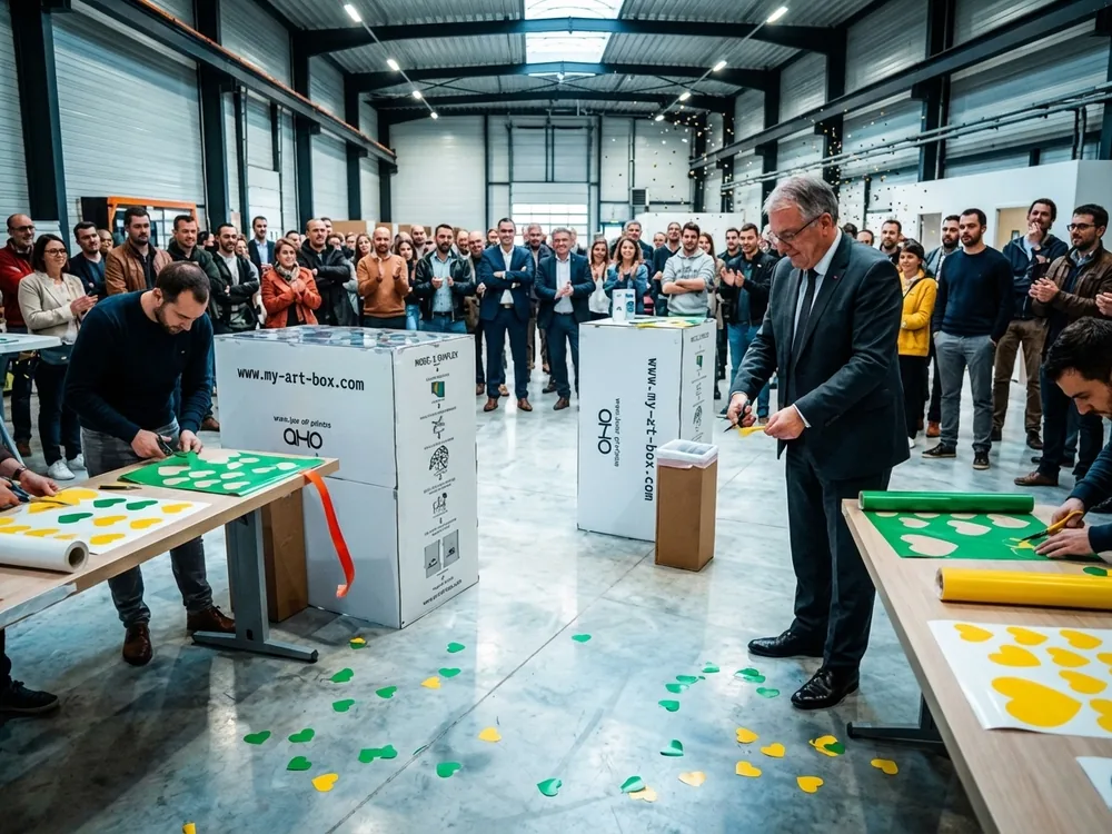Des participants assemblent et découpent des coeurs verts et jaunes en vinyle, évoquant une inauguration artistique à Fruges avec My Art Box.