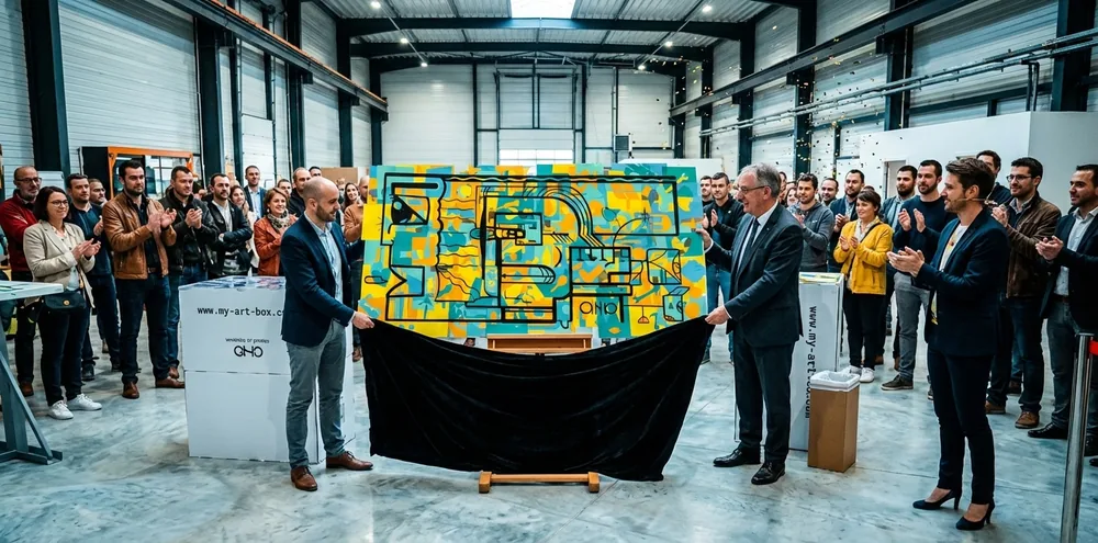 Fresque collaborative exposée lors de l'inauguration artistique à Fruges avec My Art Box, illustrant le projet zéro déchet et artistique à partir des plans d'architecte.