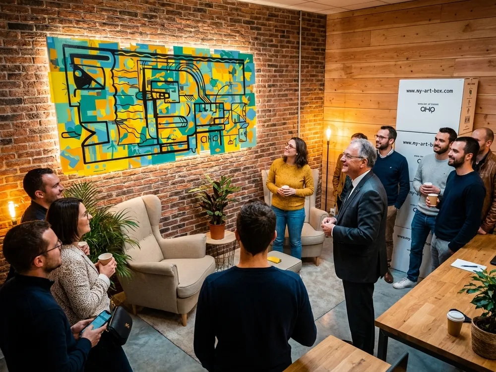 Installation du tableau mural par My Art Box lors de l'inauguration artistique à Fruges, fresque collaborative et team building artistique.