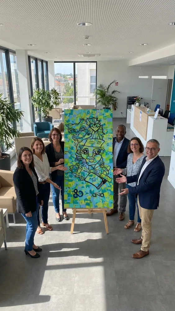 Fresque collaborative à la CPAM de Niort avec collègues admirant leur création. Art et territoire, événement RSE, par My Art Box