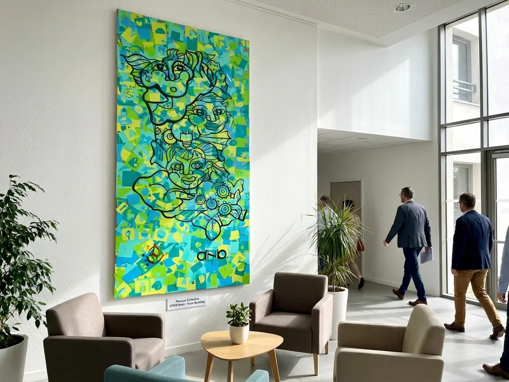 Image d'une fresque collaborative à la CPAM de Niort, illustrant une initiative durable et éco-responsable avec My Art Box.