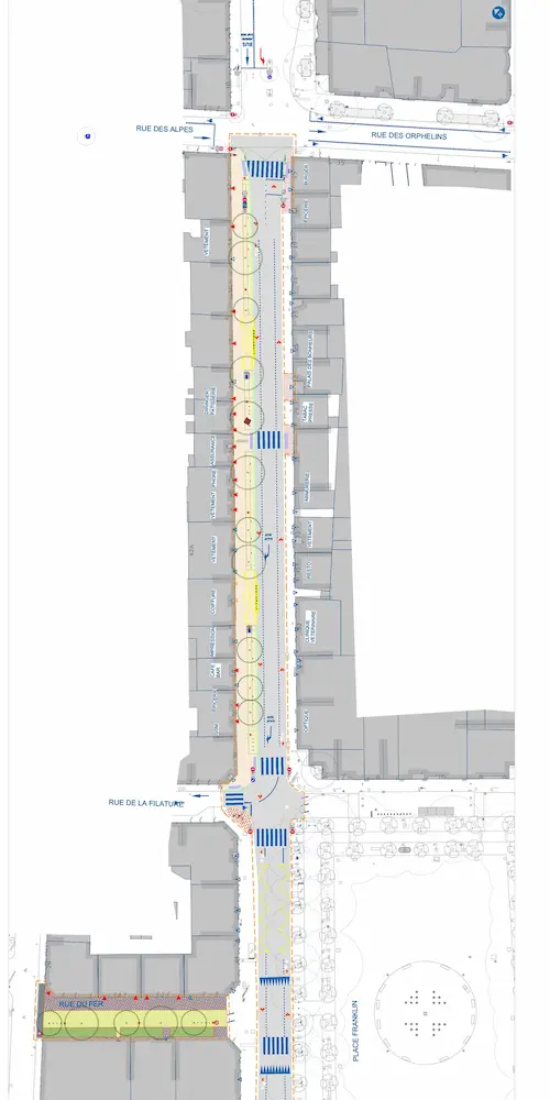 Plan de base d’une rue commerçante réhabilitée à Mulhouse utilisé pour une animation RSE participative destinée aux collectivités