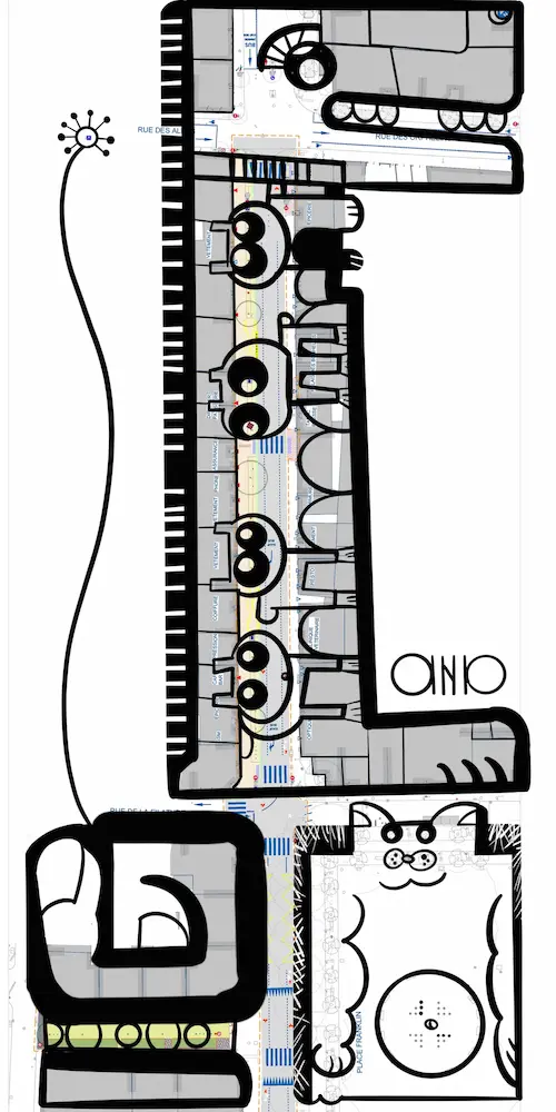 Illustration d’aNa superposée au plan d’une rue commerçante réhabilitée à Mulhouse dans le cadre d’une animation RSE pour collectivité