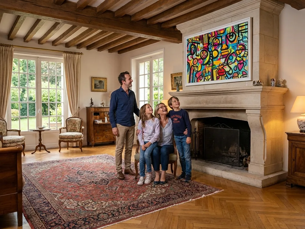 La famille admirant une fresque participative dans un salon de villa d'Île-de-France, My Art Box. Événement anniversaire Paris et fresque collaborative.