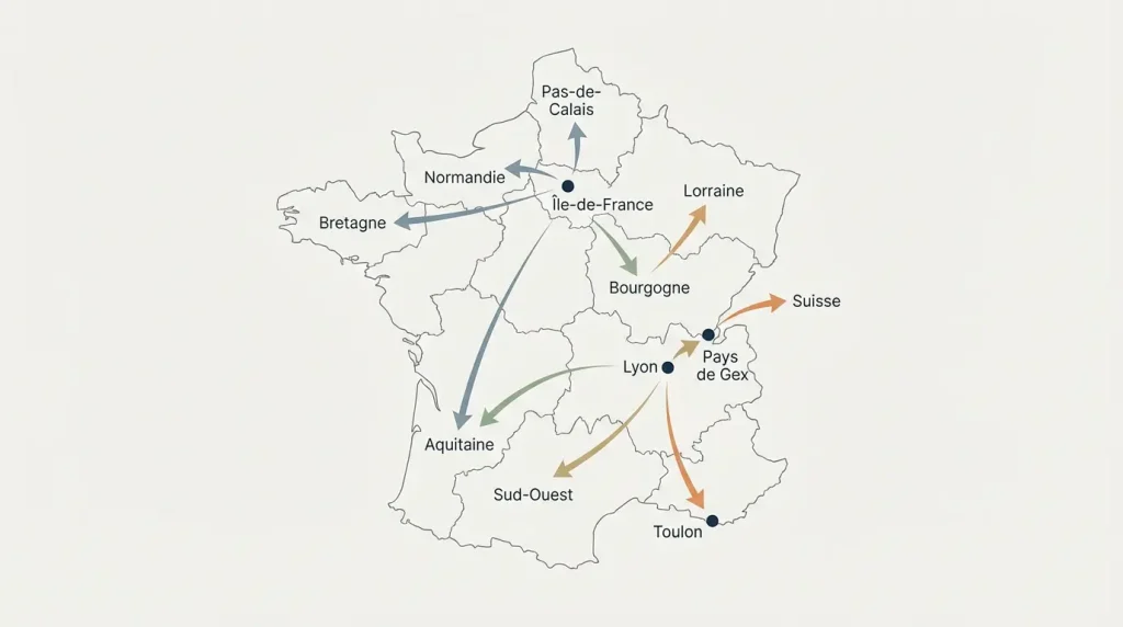 Carte de France indiquant les bases régionales My Art Box : Île-de-France, Lyon, Pays de Gex, Toulon, Bourgogne