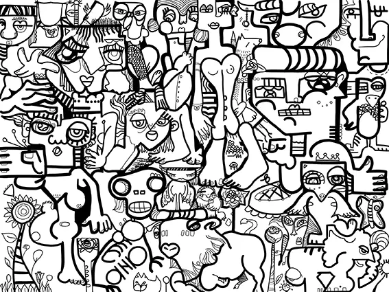 Dessin réalisé par aNa pour PASS 20 superposé à la fresque digitale collective de l’Université Claude Bernard Lyon 1 (animation digitale pour étudiants).