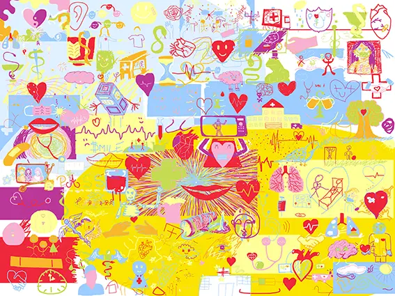 Détail du fond de la fresque digitale PASS 2021 avec de nombreux dessins d’étudiants en santé, projet My Art Box à Lyon 1.