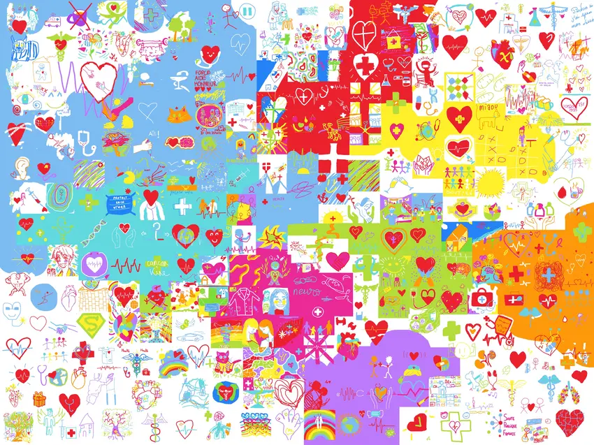 Détail du fond de la fresque digitale PASS 2022 composée de dessins d’étudiants en santé, projet My Art Box et aNa à Lyon 1.