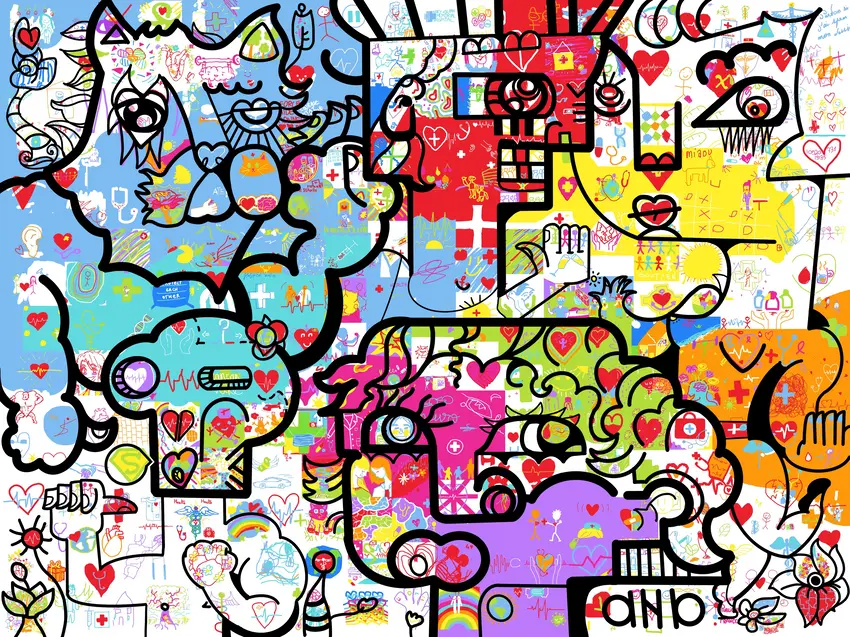 Fresque digitale PASS 2022 : assemblage de dessins d’étudiants en santé pour une animation digitale d’intégration à l’Université Lyon 1.