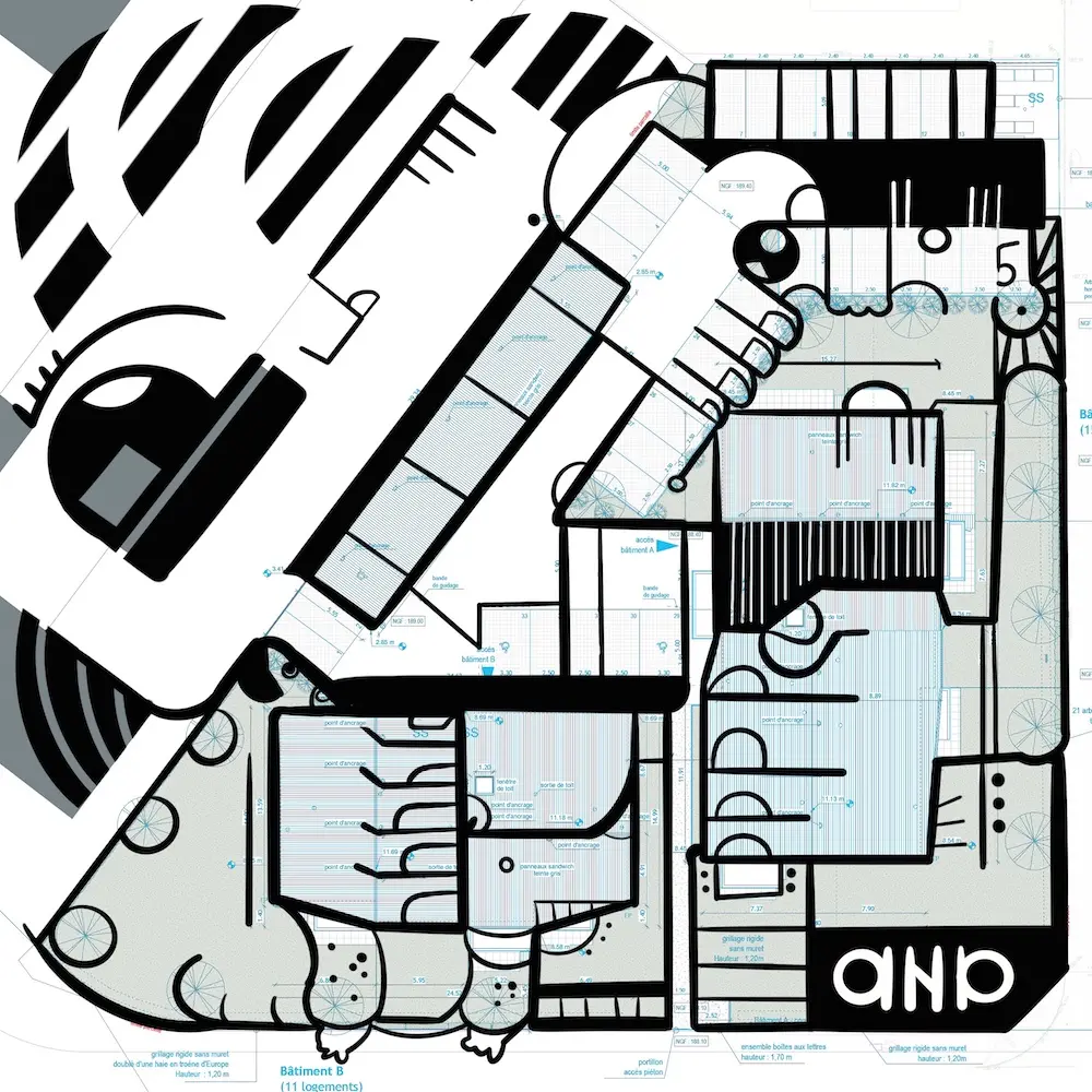 Illustration aNa sur plan architectural pour animation RSE en inauguration immobilière