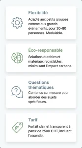 Infographie des points clés du team building CUBE My Art Box 4 faces : format flexible, protocole éco-responsable, questions thématiques et tarif transparent pour 20 à 80 personnes.