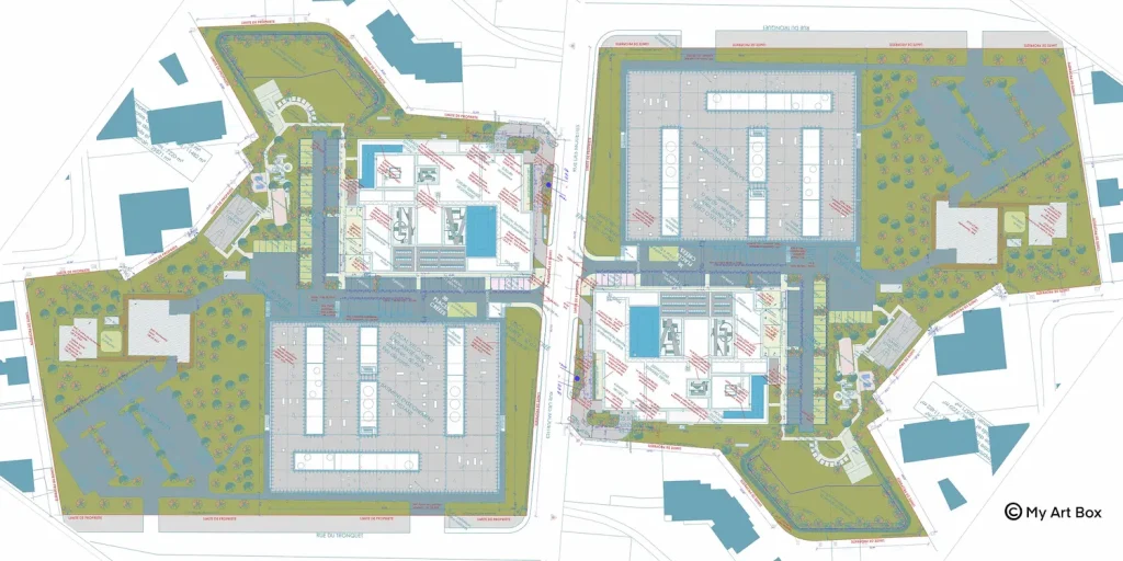 Plan architectural d’un centre de formation servant de base symbolique à une fresque collaborative éco-responsable