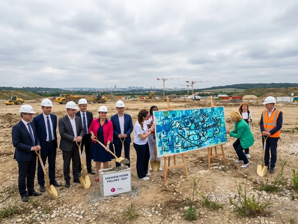 Elus et promoteurs autour du tableau installé pour la pose de première pierre aux Mureaux