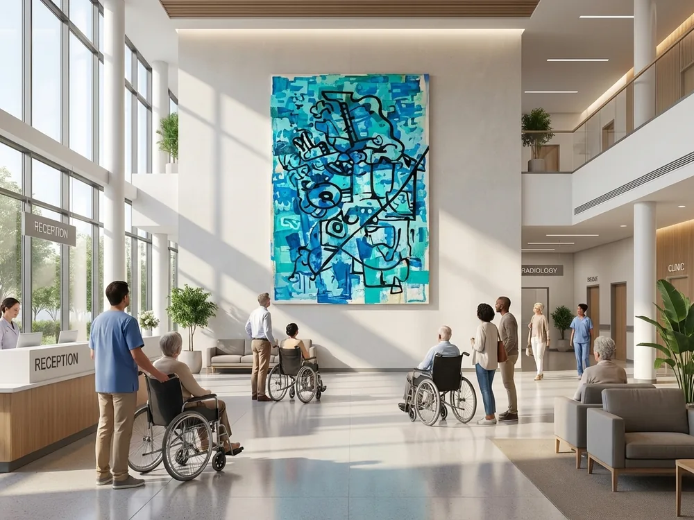 Fresque visible dans le hall du bâtiment de santé terminé, incluant visiteurs et fauteuils roulants.