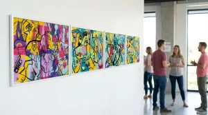 Photo de quatre panneaux artistiques différents réalisés par quatre équipes représentant des délégations internationales